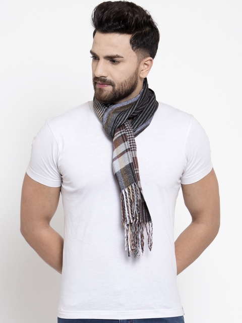 

Calvadoss Men Grey Checked Muffler with Fringes