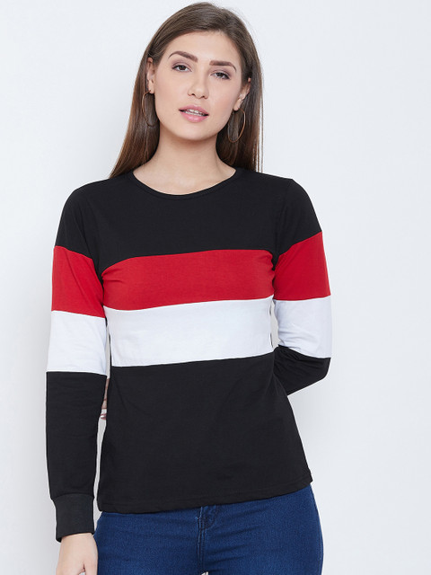

CHROME & CORAL Women Black & White Colourblocked Round Neck T-shirt