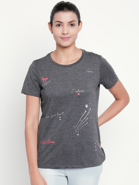 

Honey by Pantaloons Women Grey Printed Round Neck Pure Cotton T-shirt