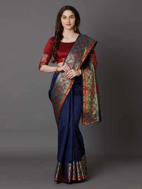 

Mitera Navy Blue & Red Silk Blend Solid Banarasi Saree