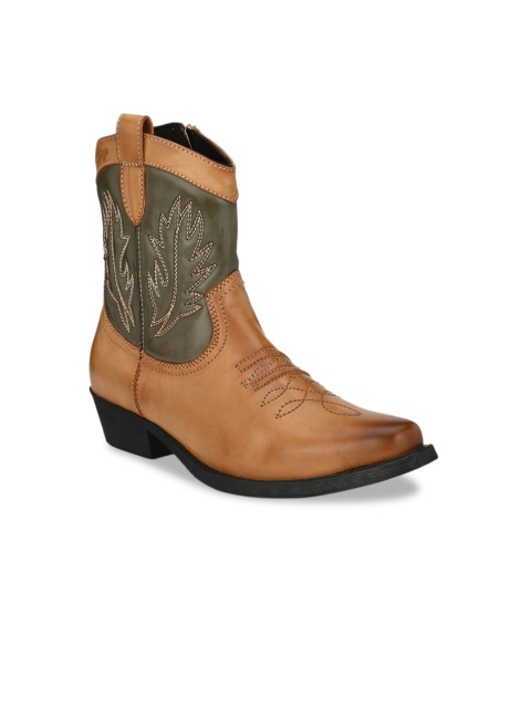 

Delize Men Tan Brown & Olive Colourblocked Synthetic Leather High-Top Cowboy Boots
