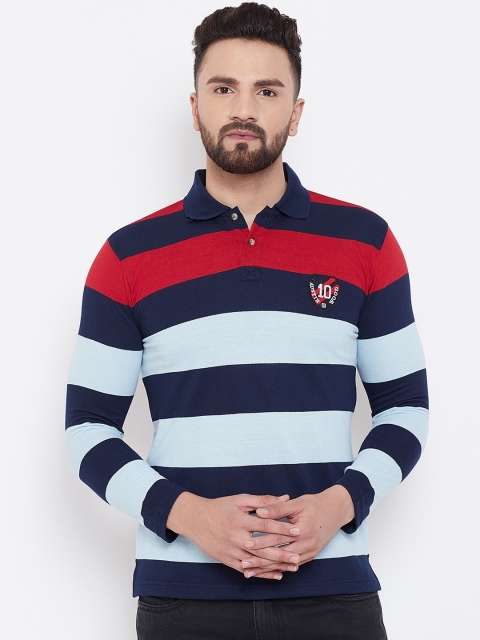 

Austin wood Men Navy Blue Striped Polo Collar T-shirt