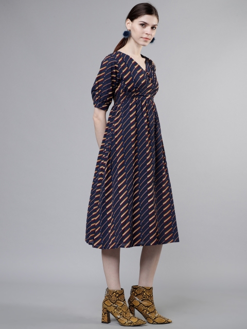 

Tokyo Talkies Women Navy Blue & Brown Striped Empire Dress