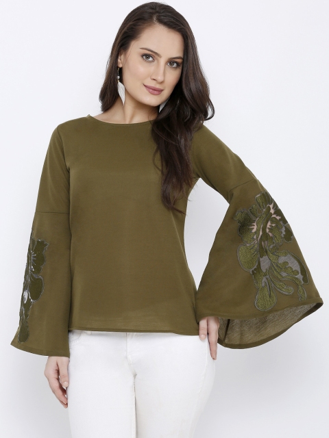 

Soie Women Olive Green Embroidered Top