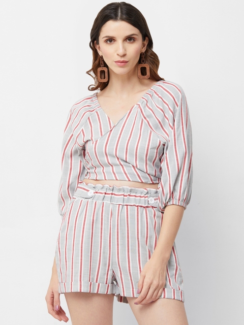 

bebe Women Grey & Pink Striped Wrap Cropped Top