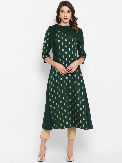 

Janasya Women Green & Gold-Coloured Foil Print A-Line Kurta With Attached Scarf