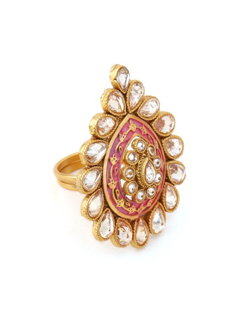 

Rubans Women White & Pink Kundan Studded Enamelled Adjustable Gold-Plated Finger Ring