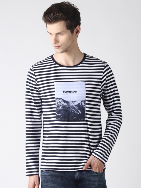 

Blue Saint Men Navy Blue& White Striped Round Neck T-shirt