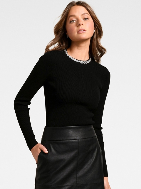 

Forever New Women Black Solid Embellished Pullover Sweater