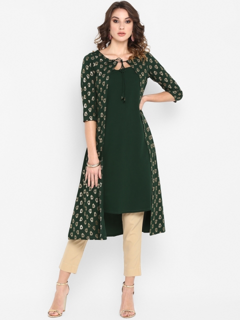 

Janasya Women Green Printed A-Line Kurta
