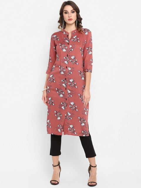 

Janasya Women Coral Pink Printed Straight Kurta