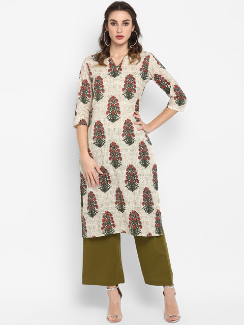 

Janasya Women Beige & Green Printed Straight Kurta