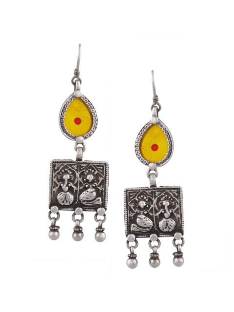 

ahilya Silver-Toned & Yellow Oxidised Sterling Silver Classic Drop Earrings