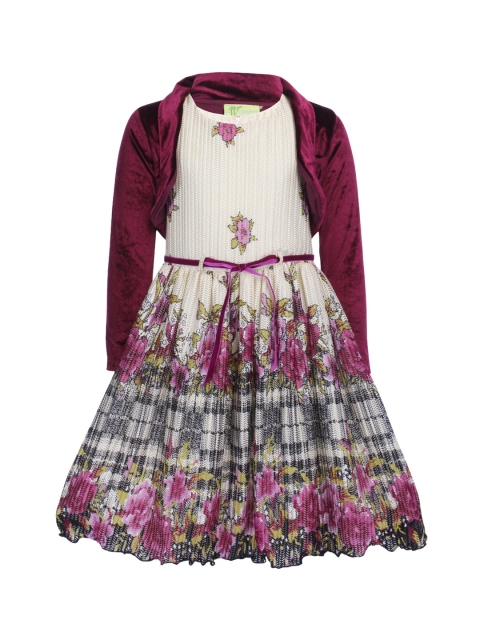 

CUTECUMBER Girls Off-White Printed Fit and Flare Dress With Shrug