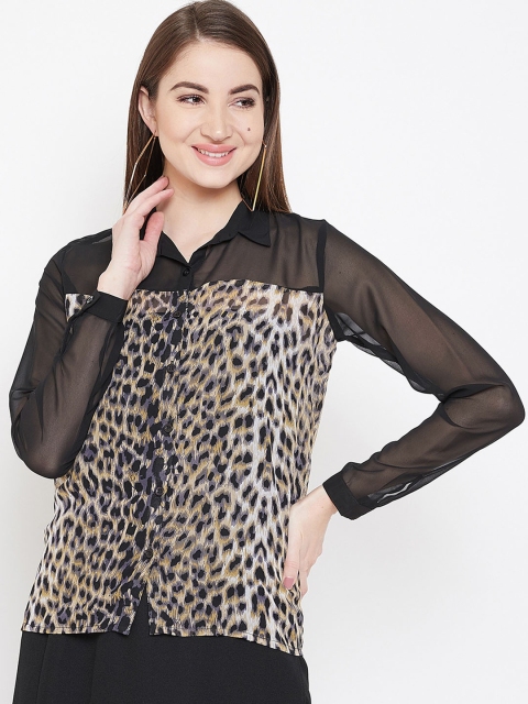 

PURYS Women Black & Beige Regular Fit Printed Casual Shirt
