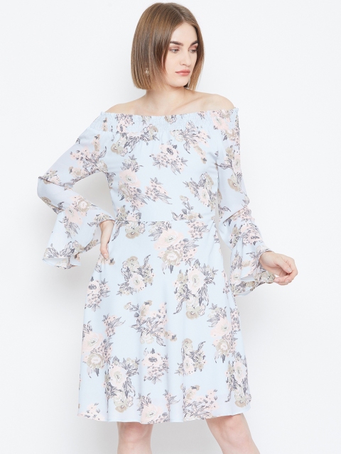 

PURYS Women Blue Floral Printed Fit and Flare Dress