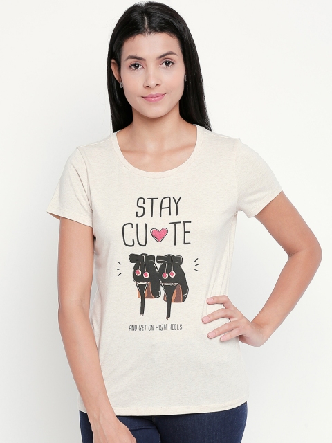 

Honey by Pantaloons Women Cream-Coloured Printed Round Neck Pure Cotton T-shirt