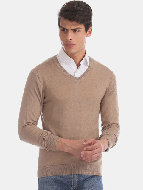 

Arrow Men Beige Solid Pullover Sweater