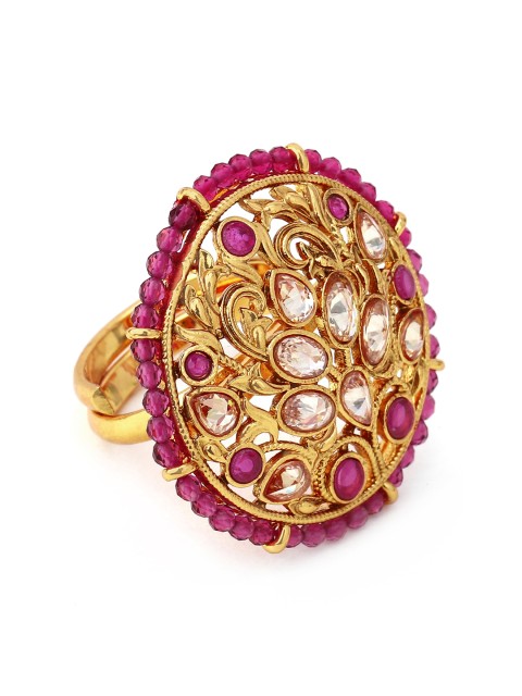 

Rubans Women Gold-Plated Magenta Stone Studded Handcrafted Adjustable Finger Ring