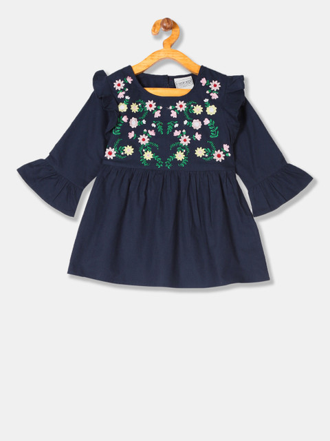 

Cherokee Girls Navy Blue Embroidered Empire Pure Cotton Top