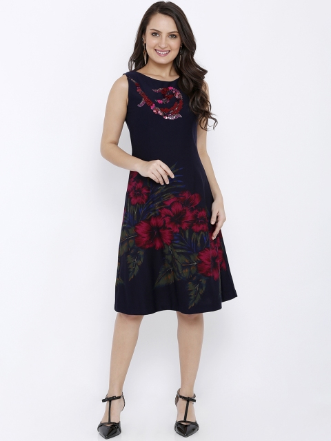 

Soie Women Navy Blue Printed Jacquard Fit and Flare Dress