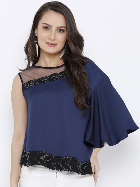 

Soie Women Navy Blue Embroidered A-Line Top