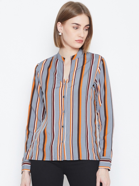 

PURYS Women Grey & Orange Regular Fit Striped Casual Shirt