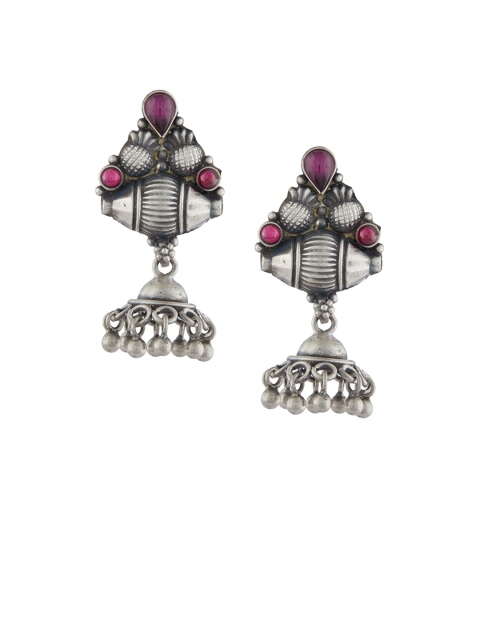

ahilya Silver-Toned & Pink Sterling Silver Dome Shaped Temple Jhumkas