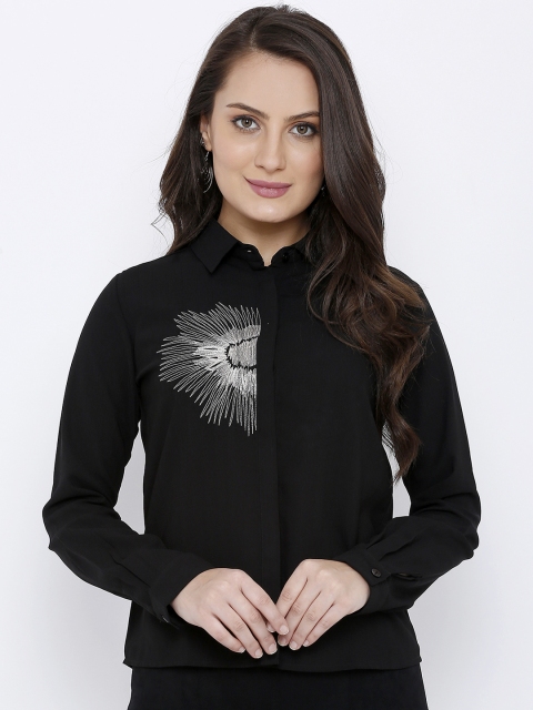 

Soie Women Black Embroidered Shirt Style Top