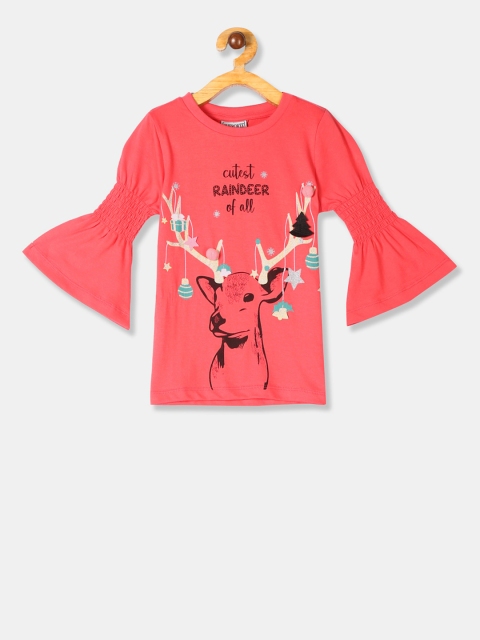

Cherokee Girls Coral Pink Printed Pure Cotton Top