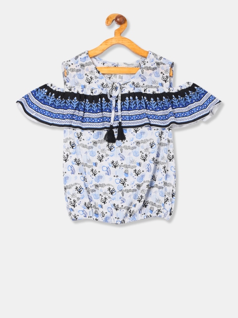 

Cherokee Girls White Printed Blouson Cold Shoulder Top
