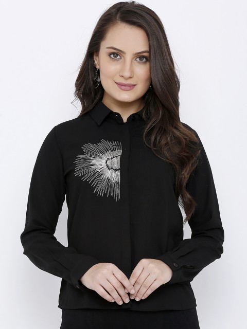 

Soie Women Black Embroidered Shirt Style Top