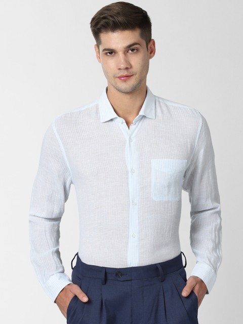 

Peter England Men Blue Slim Fit Striped Pure Linen Formal Shirt