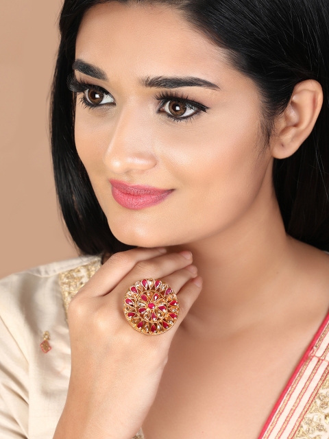 

Rubans Women White & Pink Stone Studded Adjustable Gold-Plated Finger Ring