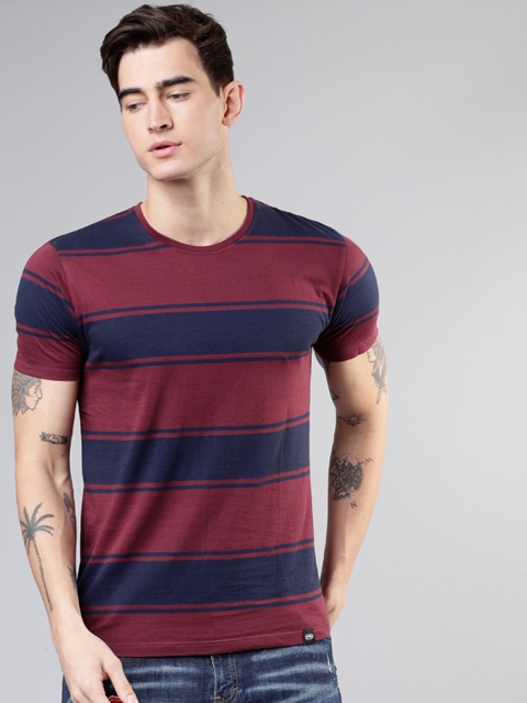 

Ecko Unltd Men Navy Blue & Maroon Striped Round Neck T-shirt