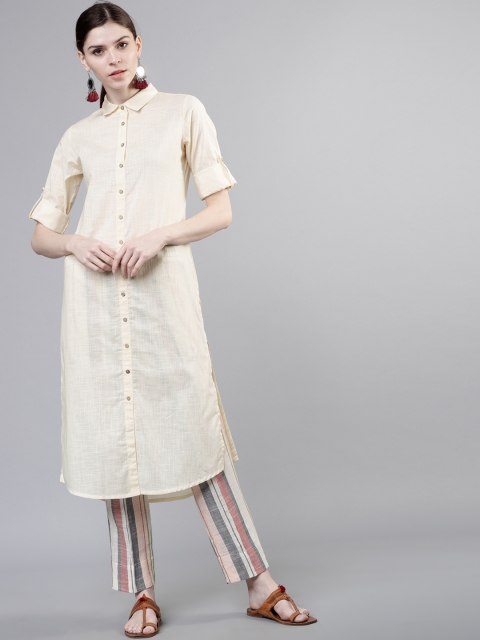 

Vishudh Women Cream-Coloured Woven Design Kurta with Trousers