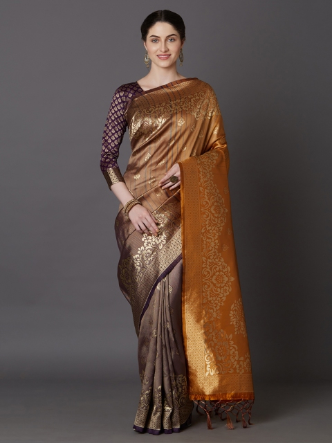 

Mitera Brown & Mustard Orange Silk Blend Woven Design Kanjeevaram Saree