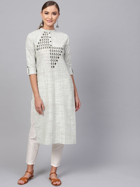 

Indo Era Women Green & Off-White Embroidered Straight Kurta