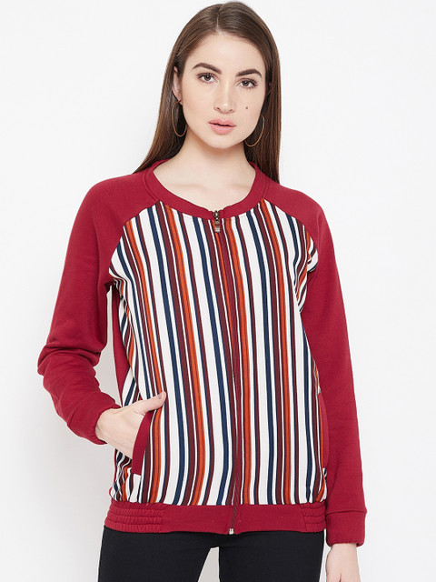 

PURYS Women Maroon & White Striped Varsity Jacket