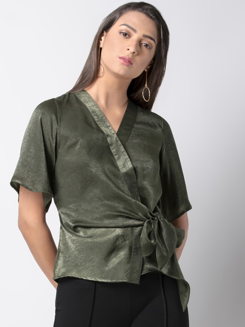 

FabAlley Women Olive Green Solid Wrap Top