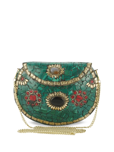 

VOILA Green & Red Chipped Stone Handmade Brass Half Moon Clutch