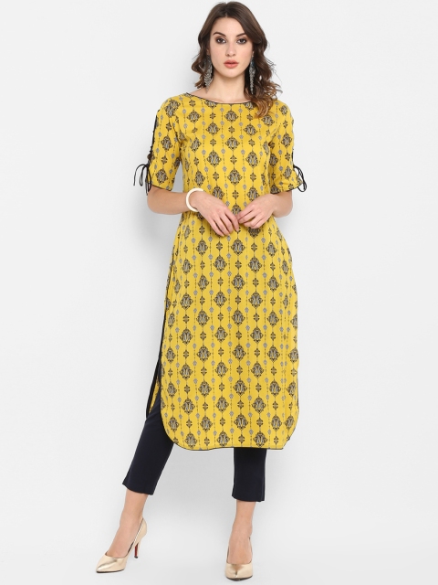 Janasya Women Yellow & Navy Blue Printed Kurta with Trousers