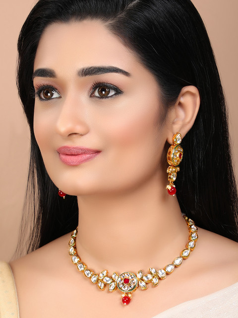 

Rubans Gold-Plated & White & Red Kundan Studded Handcrafted Jewellery Set