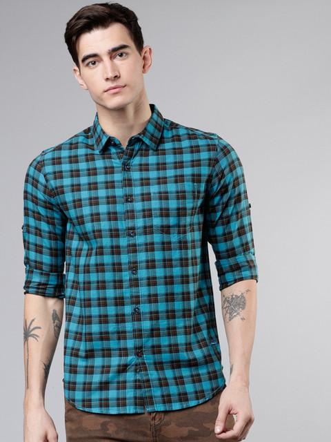 

Ecko Unltd Men Blue & Brown Slim Fit Yarn Dyed Checked Casual Shirt