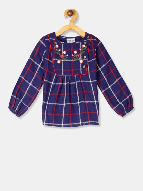 

Cherokee Girls Blue & Red Checked Embroidered Pure Cotton Top