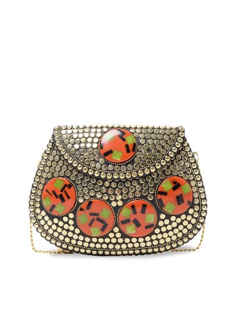 

VOILA Gold-Toned & Orange Chipped Stone Handmade Brass Clutch