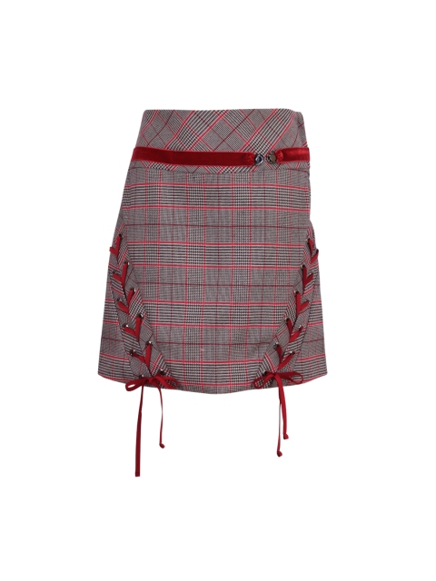 

CUTECUMBER Girls Grey & Red Checked A-Line Knee-Length Skirt