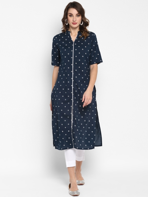 Janasya Women Blue & White Printed Straight Kurta