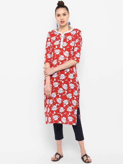 

Janasya Women Red & Navy Blue Printed Kurta with Trousers