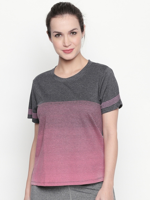 

Ajile by Pantaloons Women Grey Pink Striped Round Neck Pure Cotton T-shirt